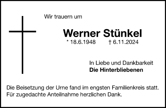 Traueranzeige von Werner Stünkel von Gesamtausgabe Nürnberger Nachrichten/ Nürnberger Ztg.