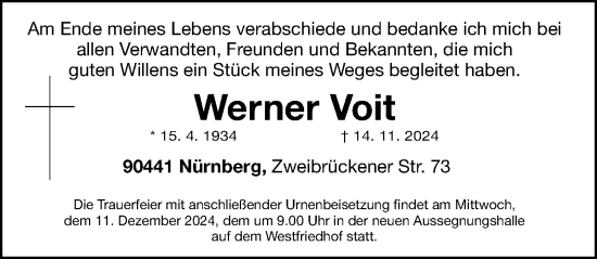 Traueranzeige von Werner Voit von Gesamtausgabe Nürnberger Nachrichten/ Nürnberger Ztg.