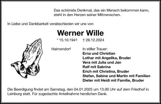 Traueranzeige von Werner Wille von Gesamtausgabe Nürnberger Nachrichten/ Nürnberger Ztg.