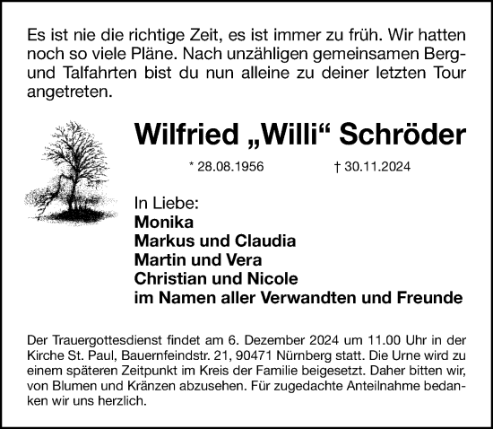 Traueranzeige von Wilfried Schröder von Gesamtausgabe Nürnberger Nachrichten/ Nürnberger Ztg.