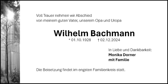 Traueranzeige von Wilhelm Bachmann von Gesamtausgabe Nürnberger Nachrichten/ Nürnberger Ztg.