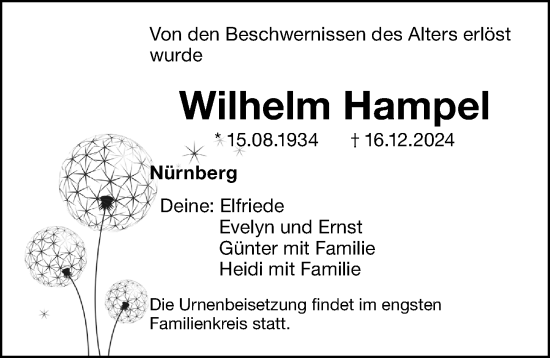 Traueranzeige von Wilhelm Hampel von Gesamtausgabe Nürnberger Nachrichten/ Nürnberger Ztg.