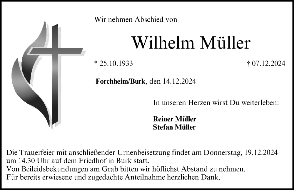  Traueranzeige für Wilhelm Müller vom 14.12.2024 aus Nordbayerische Nachrichten Forchheim Lokal
