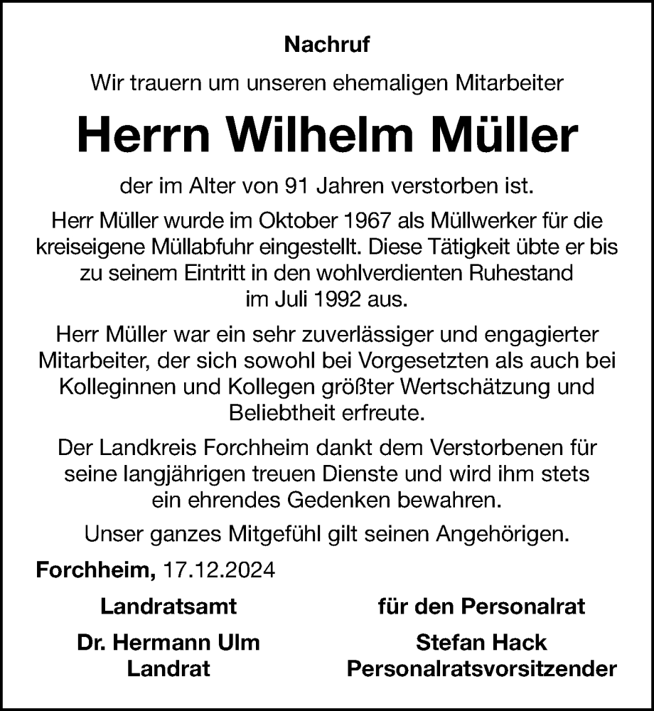  Traueranzeige für Wilhelm Müller vom 18.12.2024 aus Nordbayerische Nachrichten Forchheim Lokal