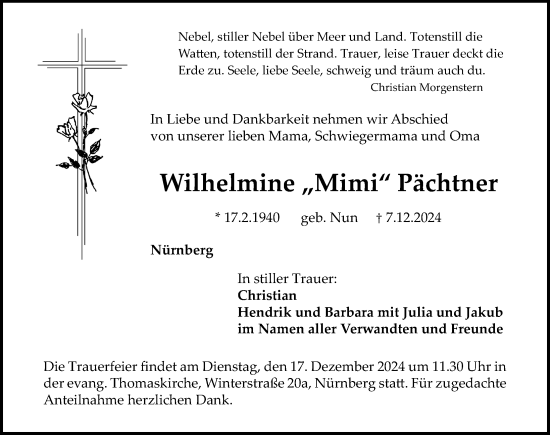 Traueranzeige von Wilhelmine Pächtner von Gesamtausgabe Nürnberger Nachrichten/ Nürnberger Ztg.