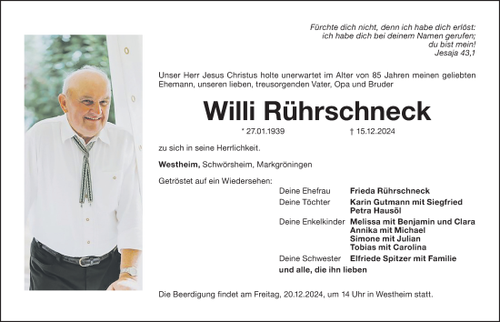 Traueranzeige von Willi Rührschneck von Altmühl-Bote Lokal