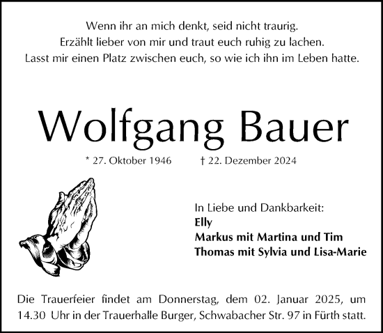 Traueranzeige von Wolfgang Bauer von Gesamtausgabe Nürnberger Nachrichten/ Nürnberger Ztg.