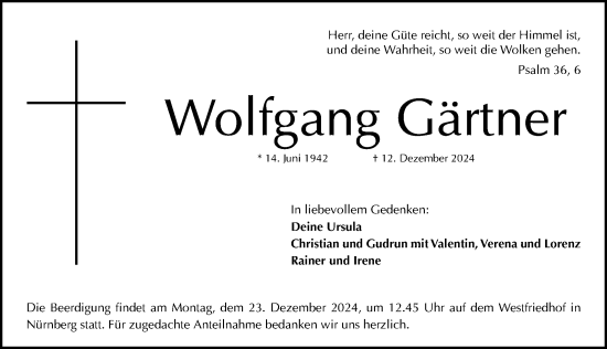 Traueranzeige von Wolfgang Gärtner von Gesamtausgabe Nürnberger Nachrichten/ Nürnberger Ztg.