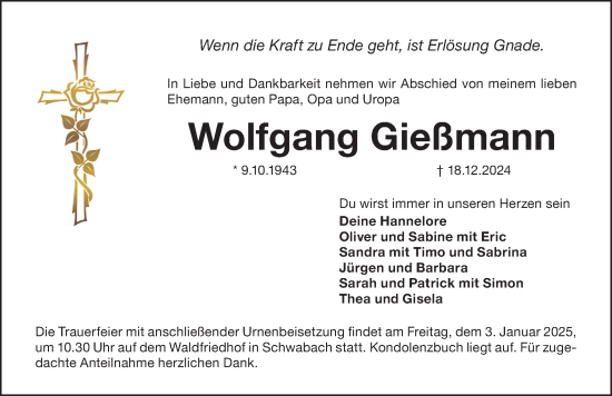 Traueranzeige von Wolfgang Gießmann von Schwabacher Tagblatt Lokal