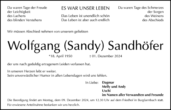 Traueranzeige von Wolfgang Sandhöfer von Fürther Nachrichten Lokal