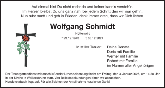 Traueranzeige von Wolfgang Schmidt von Nordbayerische Nachrichten Forchheim Lokal