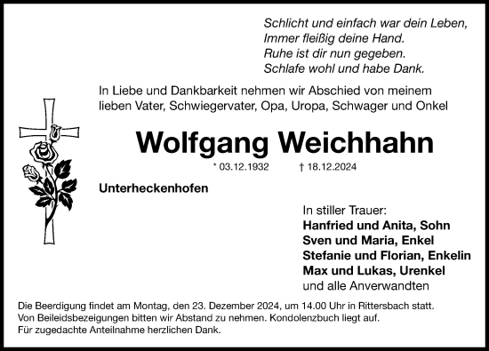 Traueranzeige von Wolfgang Weichhahn von Roth-Hilpoltsteiner Volkszeitung Lokal