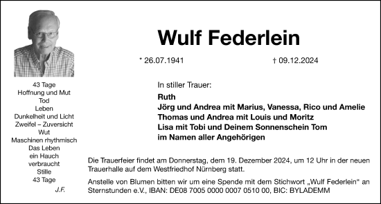 Traueranzeige von Wulf Federlein von Gesamtausgabe Nürnberger Nachrichten/ Nürnberger Ztg.