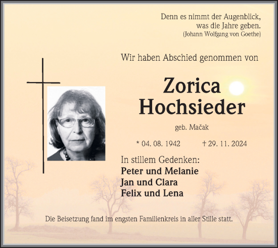 Traueranzeige von Zorica Hochsieder von Neumarkter Nachrichten Lokal