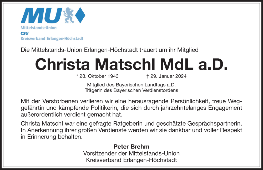  Traueranzeige für Christa Matschl vom 07.02.2024 aus Erlanger Nachrichten Lokal