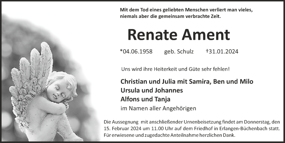  Traueranzeige für Renate Ament vom 10.02.2024 aus Erlanger Nachrichten Lokal
