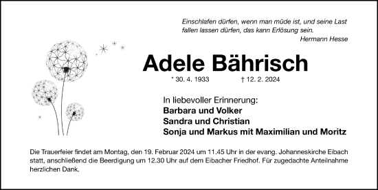 Traueranzeige von Adele Bährisch von Gesamtausgabe Nürnberger Nachrichten/ Nürnberger Ztg.