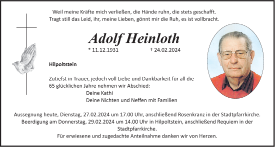 Traueranzeige von Adolf Heinloth von Roth-Hilpoltsteiner Volkszeitung Lokal