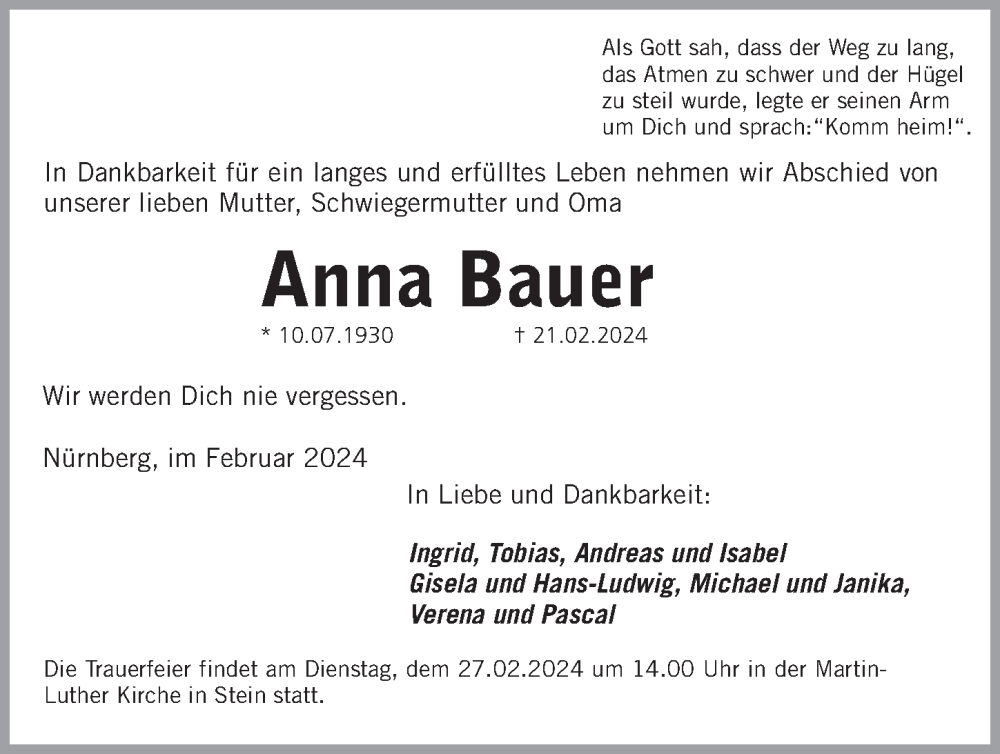  Traueranzeige für Anna Bauer vom 24.02.2024 aus Gesamtausgabe Nürnberger Nachrichten/ Nürnberger Ztg.
