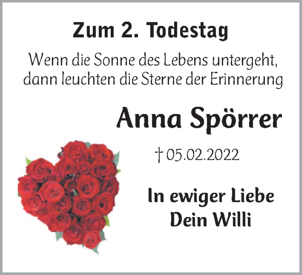  Traueranzeige für Anna Spörrer vom 03.02.2024 aus Gesamtausgabe Nürnberger Nachrichten/ Nürnberger Ztg.