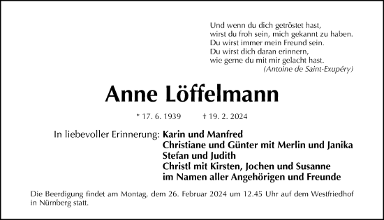 Traueranzeige von Anne Löffelmann von Gesamtausgabe Nürnberger Nachrichten/ Nürnberger Ztg.