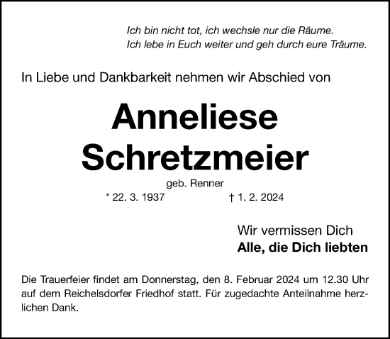 Traueranzeige von Anneliese Schretzmeier von Gesamtausgabe Nürnberger Nachrichten/ Nürnberger Ztg.