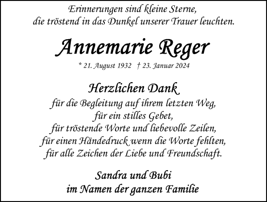 Traueranzeige von Annemarie Reger von Schwabacher Tagblatt Lokal