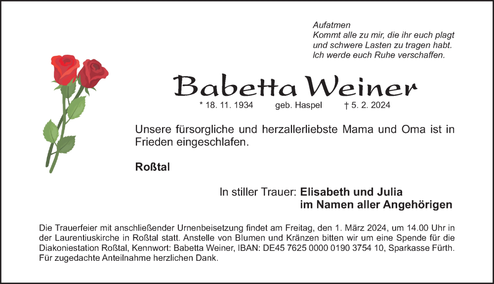  Traueranzeige für Babetta Weiner vom 24.02.2024 aus Fürther Nachrichten Lokal
