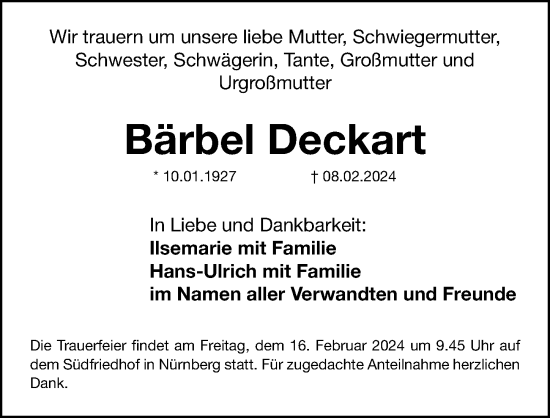 Traueranzeige von Bärbel Deckart von Gesamtausgabe Nürnberger Nachrichten/ Nürnberger Ztg.