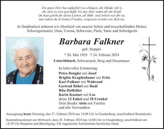 Traueranzeige von Barbara Falkner von Neumarkter Nachrichten Lokal