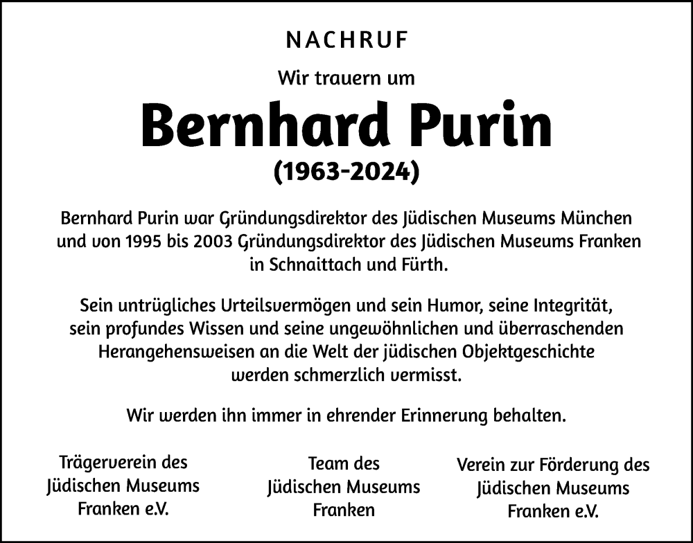 Traueranzeige für Bernhard Purin vom 24.02.2024 aus Fürther Nachrichten Lokal