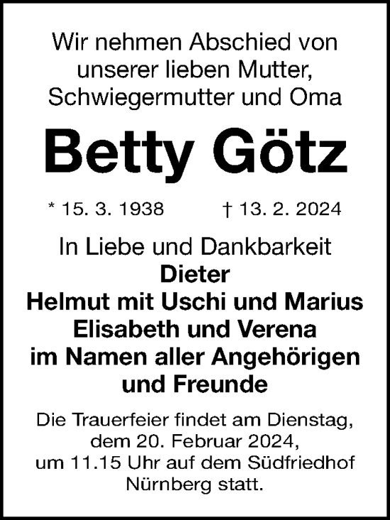 Traueranzeige von Betty Götz von Gesamtausgabe Nürnberger Nachrichten/ Nürnberger Ztg.