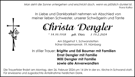 Traueranzeige von Christa Dengler von Gesamtausgabe Nürnberger Nachrichten/ Nürnberger Ztg.