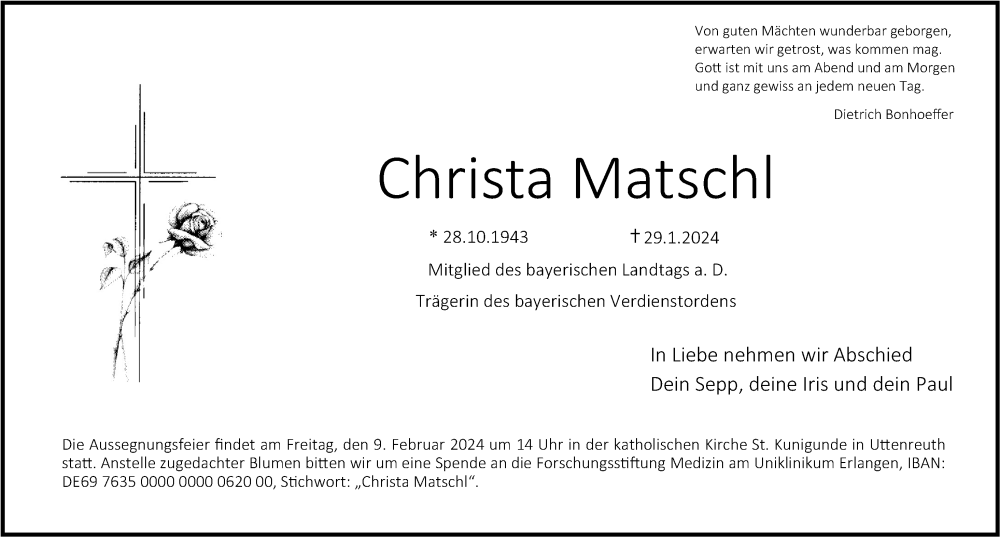  Traueranzeige für Christa Matschl vom 03.02.2024 aus Erlanger Nachrichten Lokal