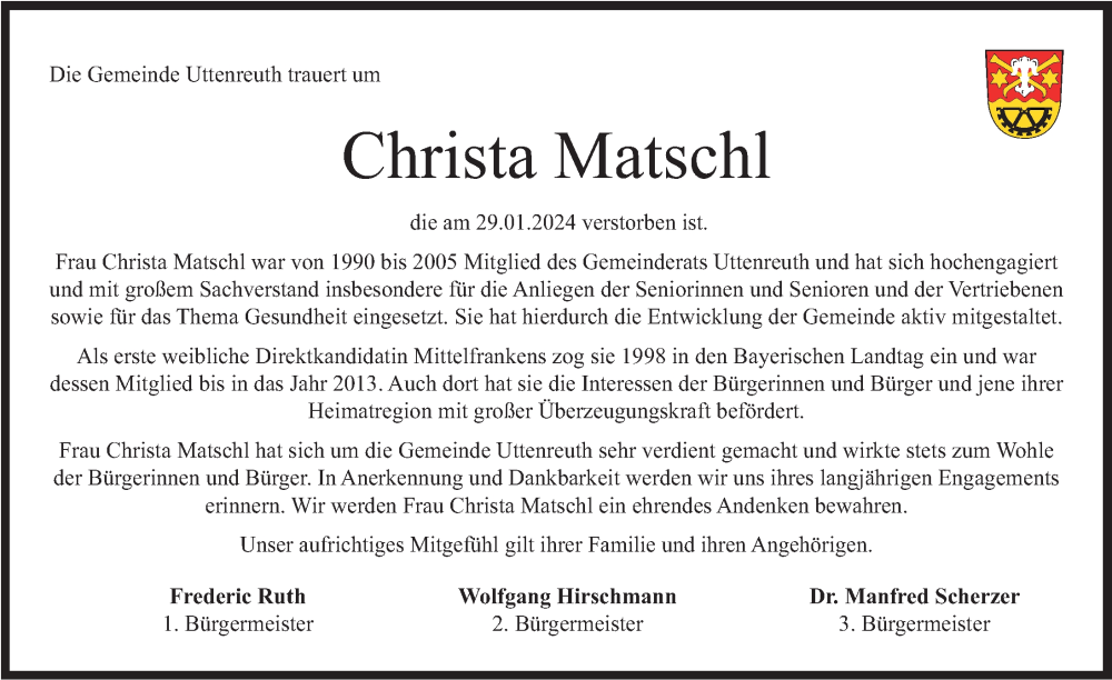  Traueranzeige für Christa Matschl vom 07.02.2024 aus Erlanger Nachrichten Lokal