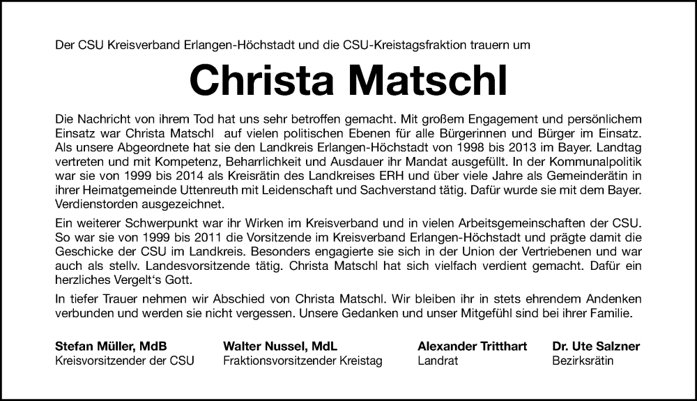  Traueranzeige für Christa Matschl vom 03.02.2024 aus Erlanger Nachrichten Lokal