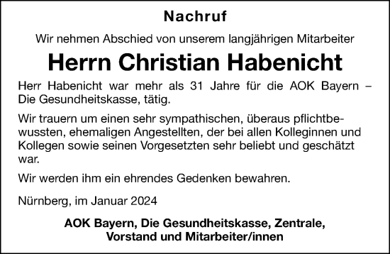 Traueranzeige von Christian Habenicht von Gesamtausgabe Nürnberger Nachrichten/ Nürnberger Ztg.