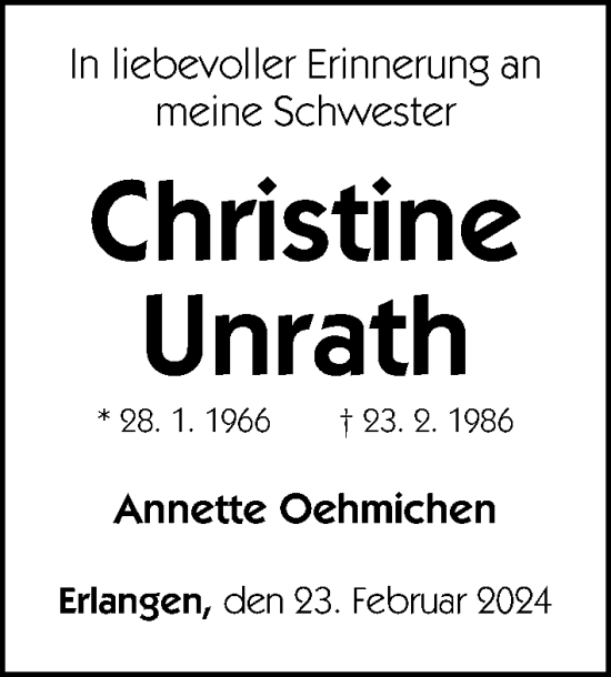 Traueranzeige von Christine Unrath von Gesamtausgabe Nürnberger Nachrichten/ Nürnberger Ztg.