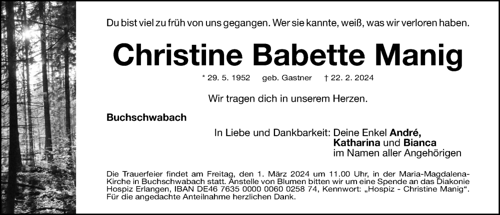  Traueranzeige für Christine Babette Manig vom 26.02.2024 aus Fürther Nachrichten Lokal