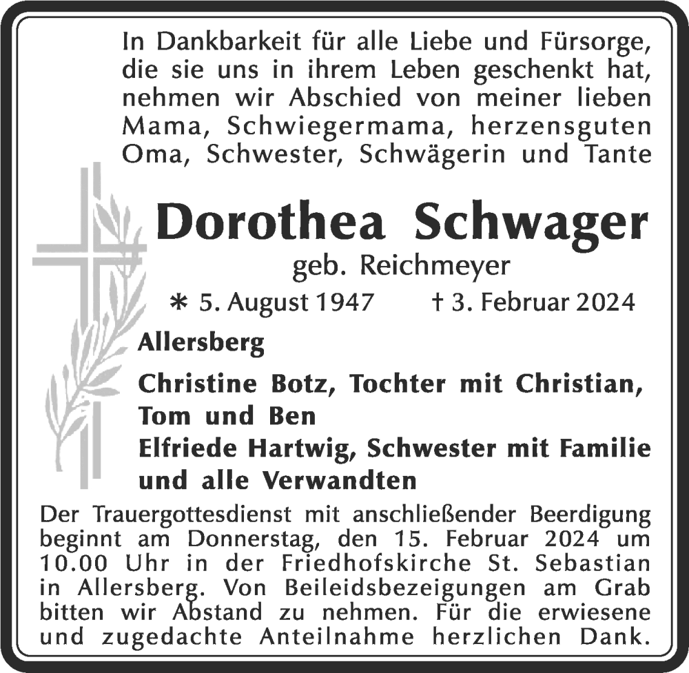  Traueranzeige für Dorothea Schwager vom 10.02.2024 aus Roth-Hilpoltsteiner Volkszeitung Lokal