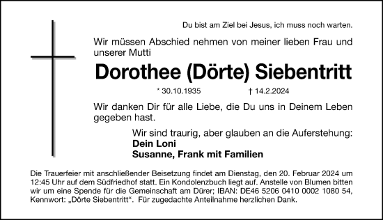 Traueranzeige von Dorothee Siebentritt von Gesamtausgabe Nürnberger Nachrichten/ Nürnberger Ztg.