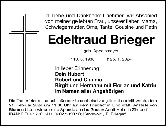 Traueranzeige von Edeltraud Brieger von Gesamtausgabe Nürnberger Nachrichten/ Nürnberger Ztg.