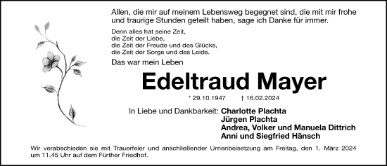 Traueranzeige von Edeltraud Mayer von Fürther Nachrichten Lokal