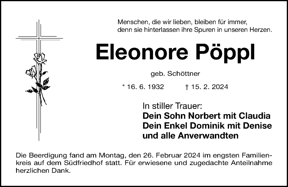  Traueranzeige für Eleonore Pöppl vom 29.02.2024 aus Gesamtausgabe Nürnberger Nachrichten/ Nürnberger Ztg.