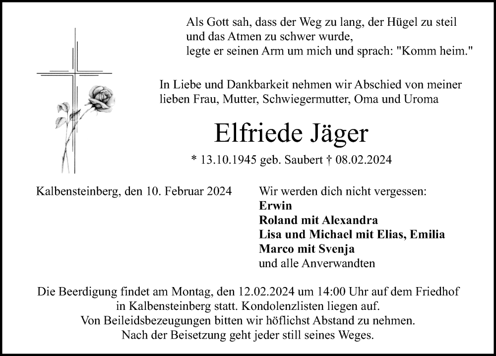  Traueranzeige für Elfriede Jäger vom 10.02.2024 aus Altmühl-Bote Lokal
