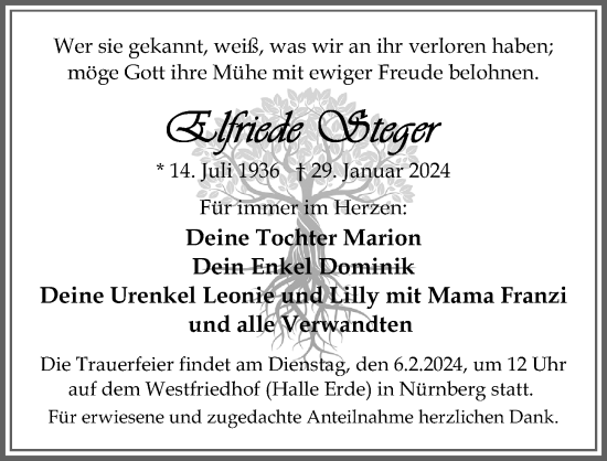 Traueranzeige von Elfriede Steger von Gesamtausgabe Nürnberger Nachrichten/ Nürnberger Ztg.