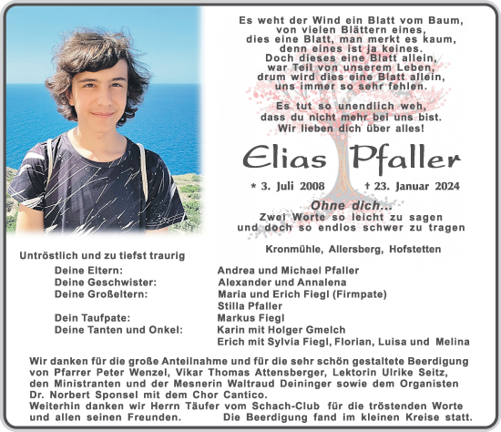 Traueranzeige von Elias Pfaller von Roth-Hilpoltsteiner Volkszeitung Lokal