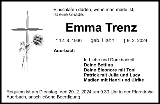 Traueranzeige von Emma Trenz von Nordbayerische Nachrichten Pegnitz Lokal