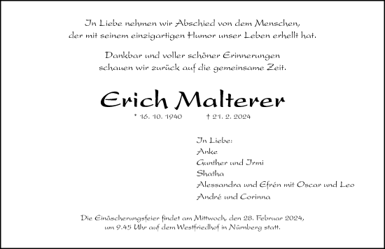 Traueranzeige von Erich Malterer von Gesamtausgabe Nürnberger Nachrichten/ Nürnberger Ztg.