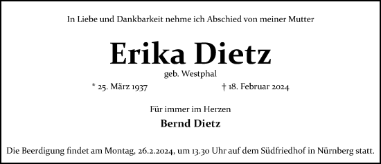 Traueranzeige von Erika Dietz von Gesamtausgabe Nürnberger Nachrichten/ Nürnberger Ztg.